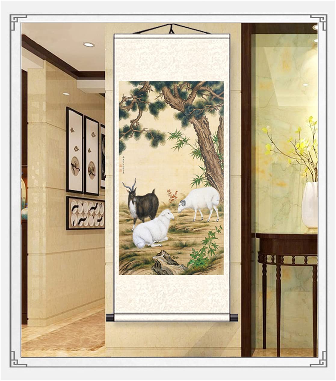 Amazon.co.jp: UXOWOXU 羊の絵シルクスクロール絵画 - 古典的な中国の